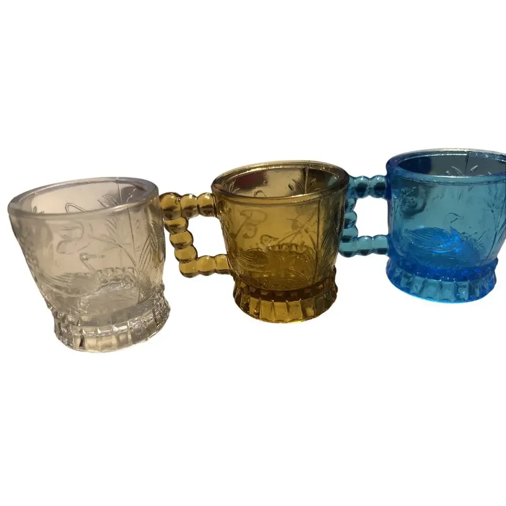 3 EAPG Victorian Bryce Bros Toy Mugs Pattern Glass Antique Waterfowl Swan